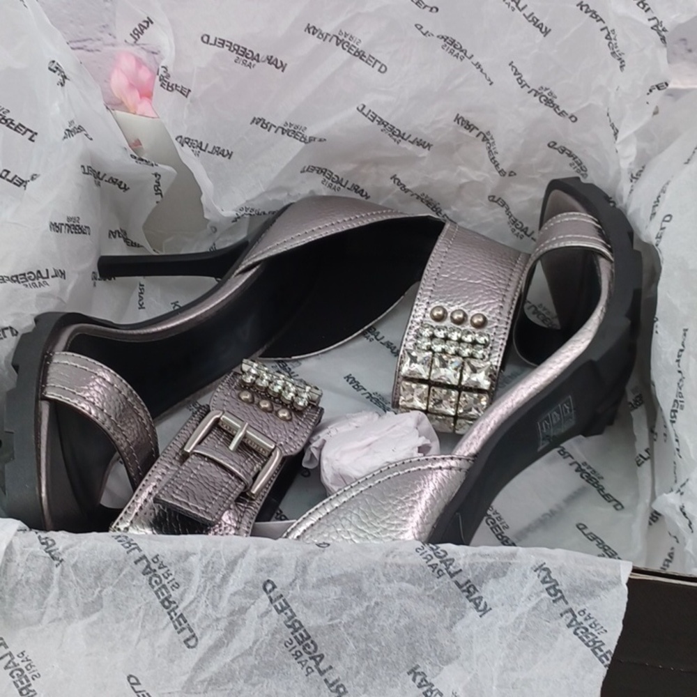 KARL LAGERFELD PARIS Malinda Embellished Ankle-Strap Dress Sandals NIB - Picture 9 of 13
